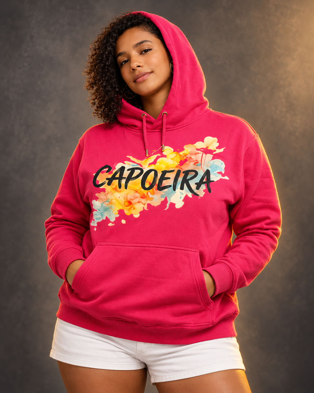 Model wearing pink Capoeira design hoodie