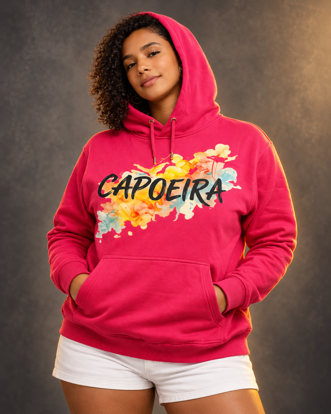 Model wearing pink Capoeira design hoodie
