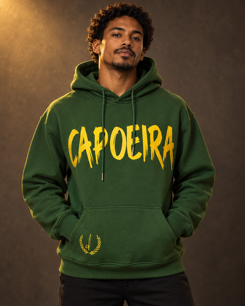 Model wearing green Capoeira embroidered hoodie