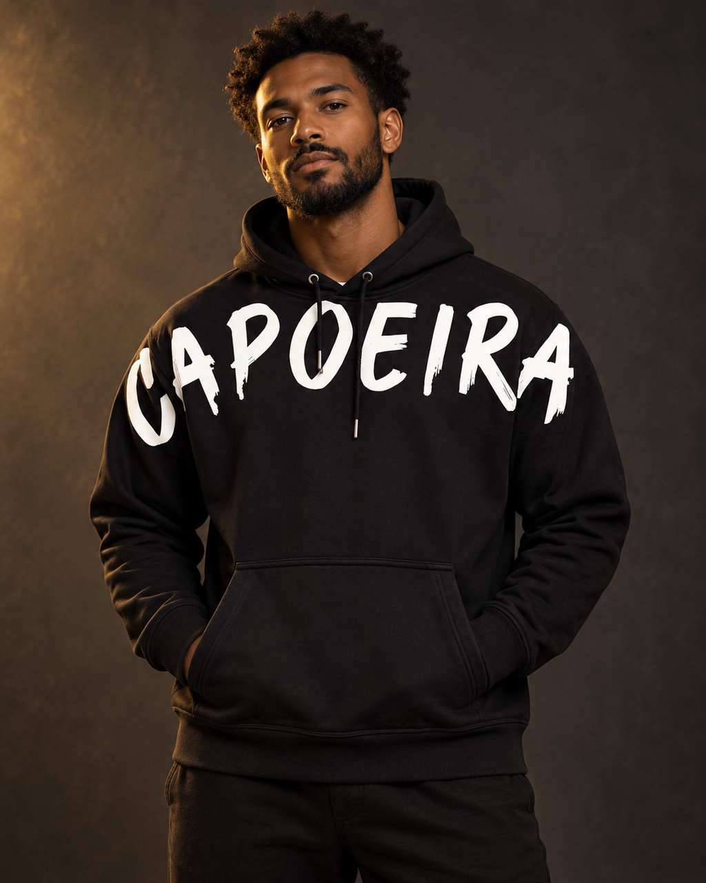 Model wearing black Capoeira hoodie