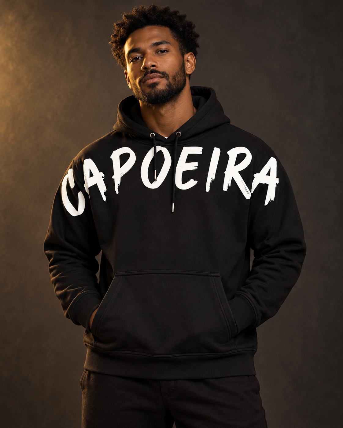 Model wearing black Capoeira hoodie