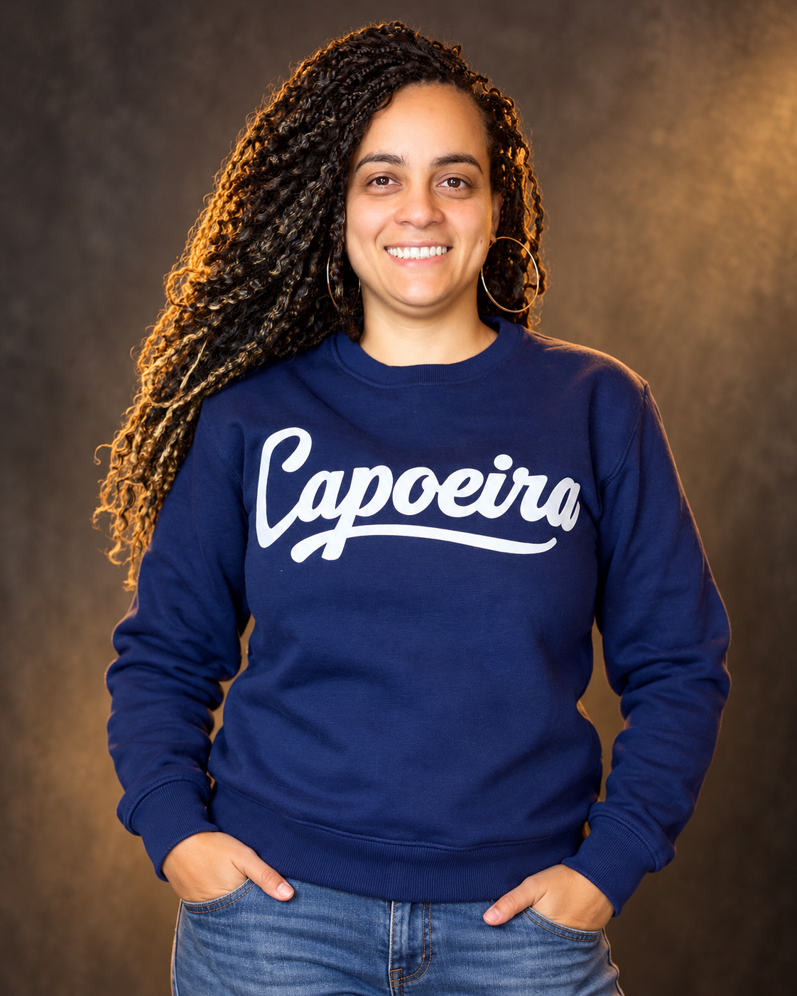 Model wearing navy Capoeira sweatshirt