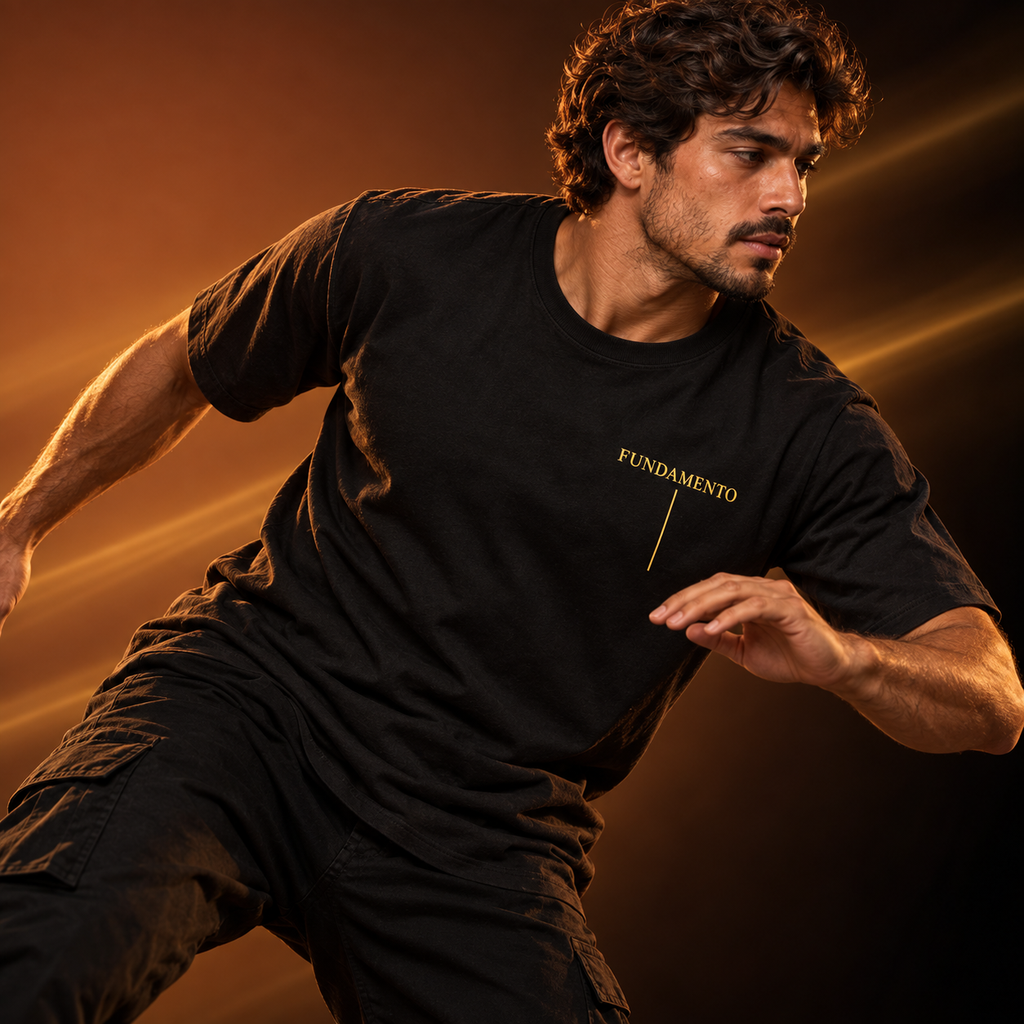 Fundamento T-Shirt preta — capa editorial em movimento