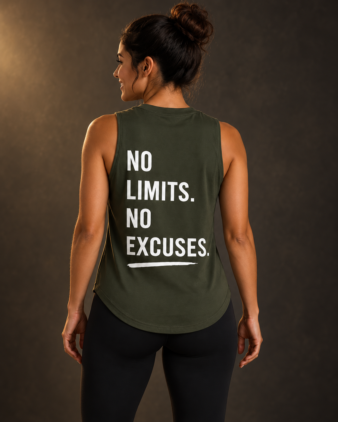 Model wearing olive In Motion No Limits No Excuses tank top