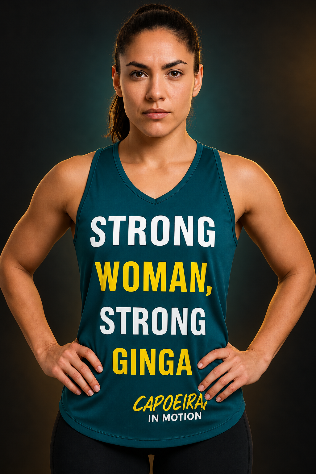 Modelo vestindo regata teal Strong Woman Strong Ginga, capa editorial Capoeira in Motion