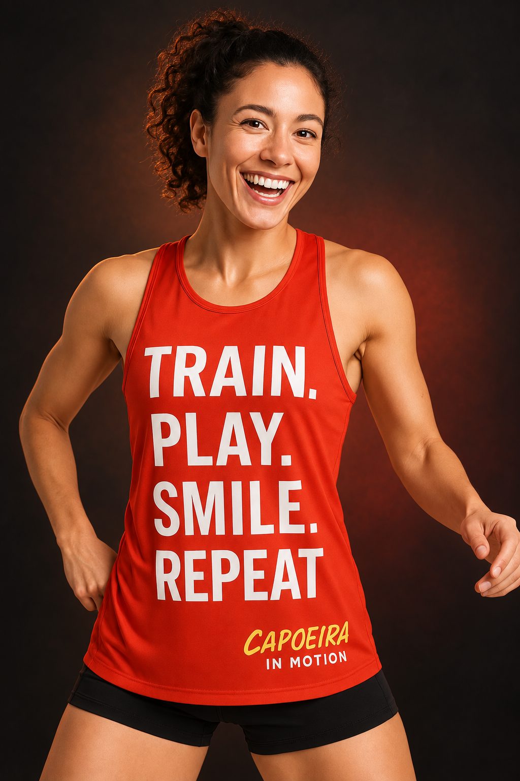 Modelo vestindo regata vermelha Train Play Smile Repeat, capa editorial Capoeira in Motion