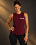 Model wearing dark wine In Motion Training for Life tank top