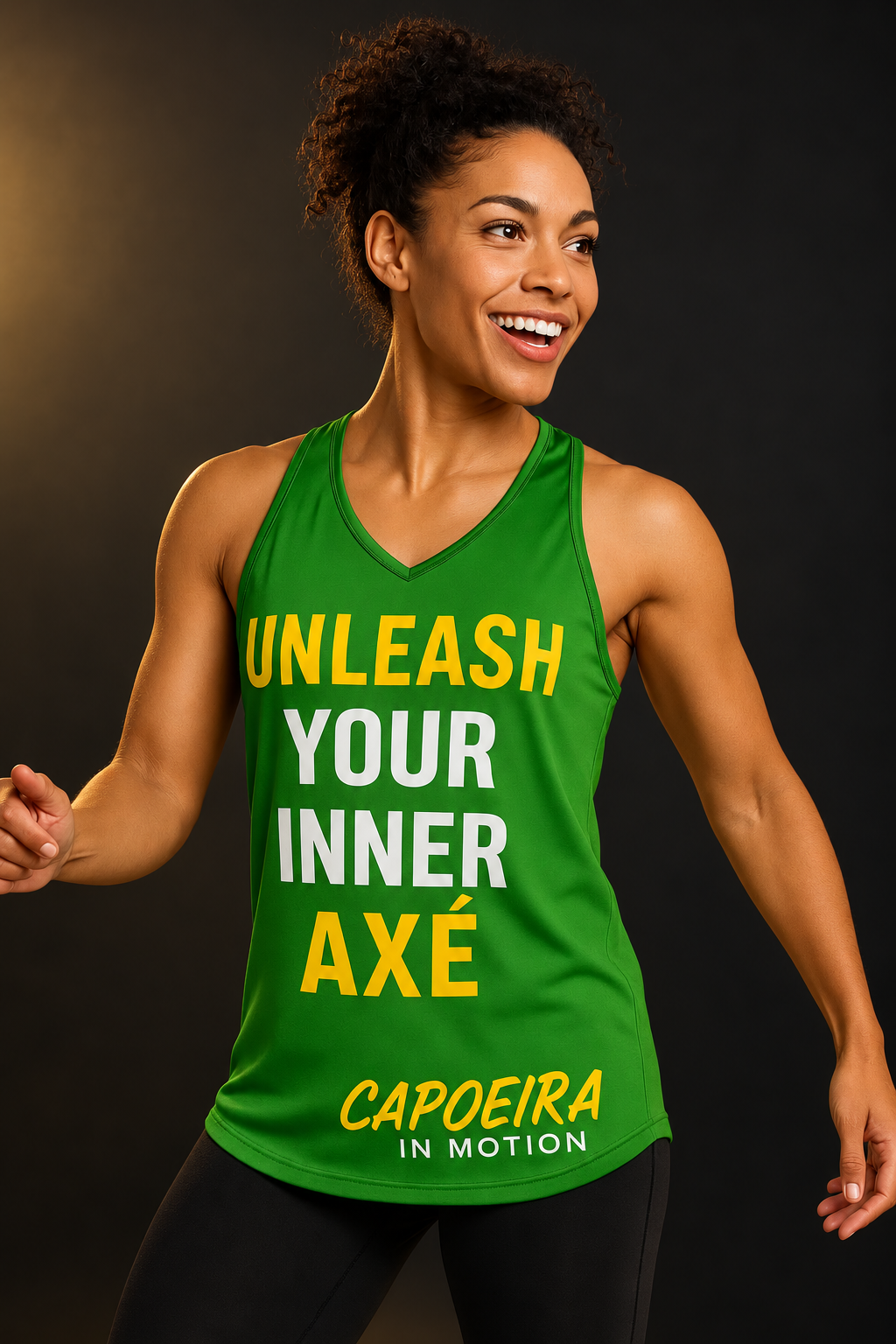 Modelo vestindo regata verde Unleash Your Inner Axé, capa editorial Capoeira in Motion
