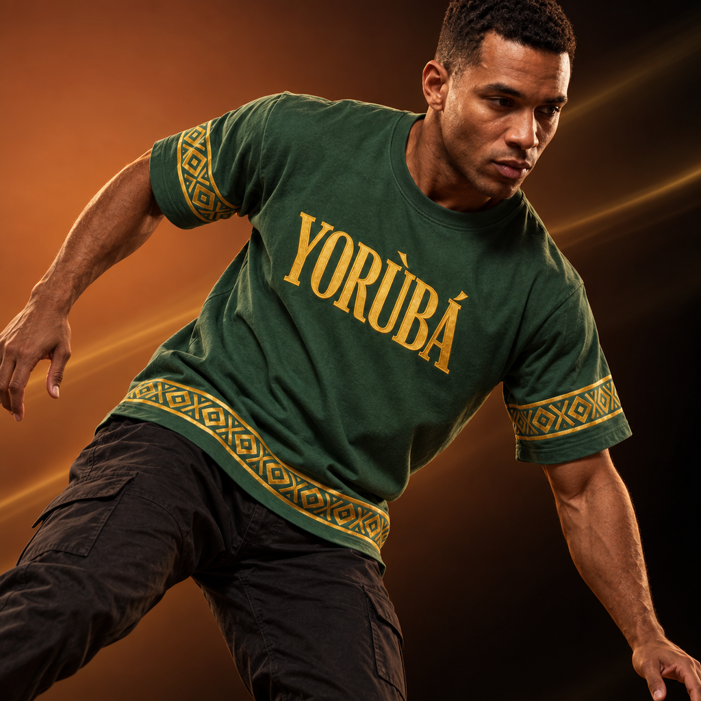 Yorùbá Heritage T-Shirt verde — capa editorial em movimento