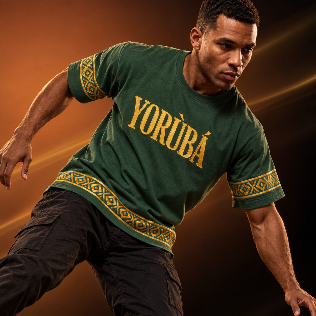 Yorùbá Heritage T-Shirt verde — capa editorial em movimento